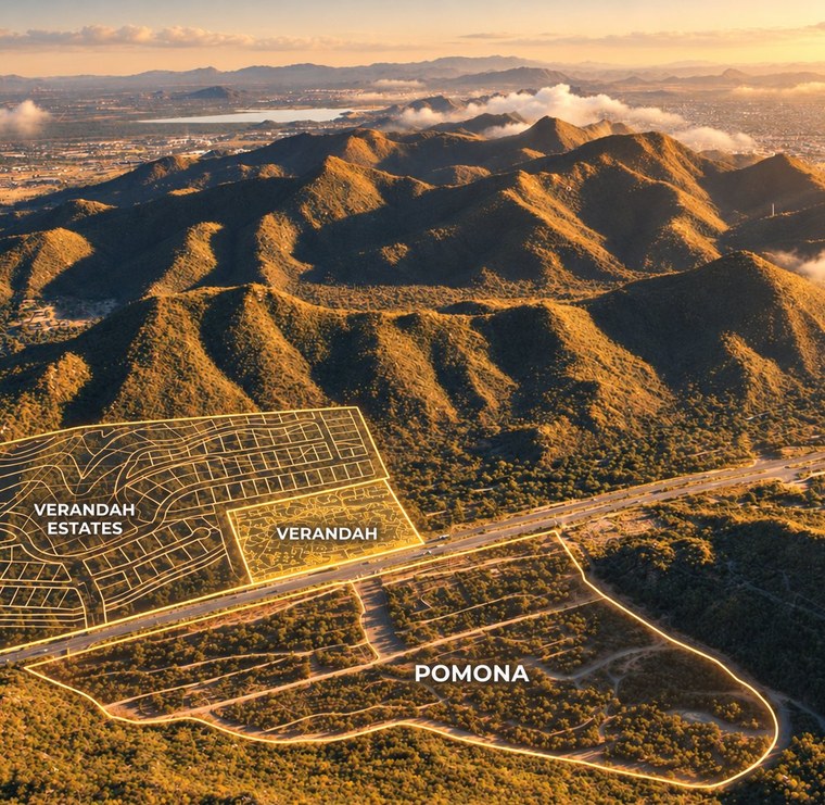 Aerial of Verandah Estates at dusk: the sierra with the development parcels marked out across it