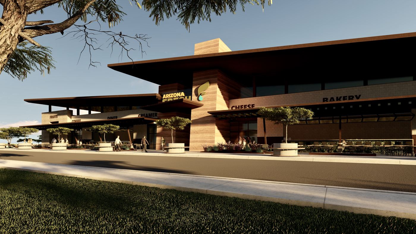 Arizona Fresh market hall under a deep shade canopy
