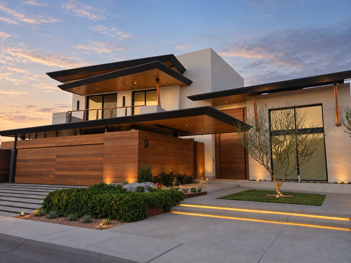 Contemporary residence with wood-clad entry at dusk