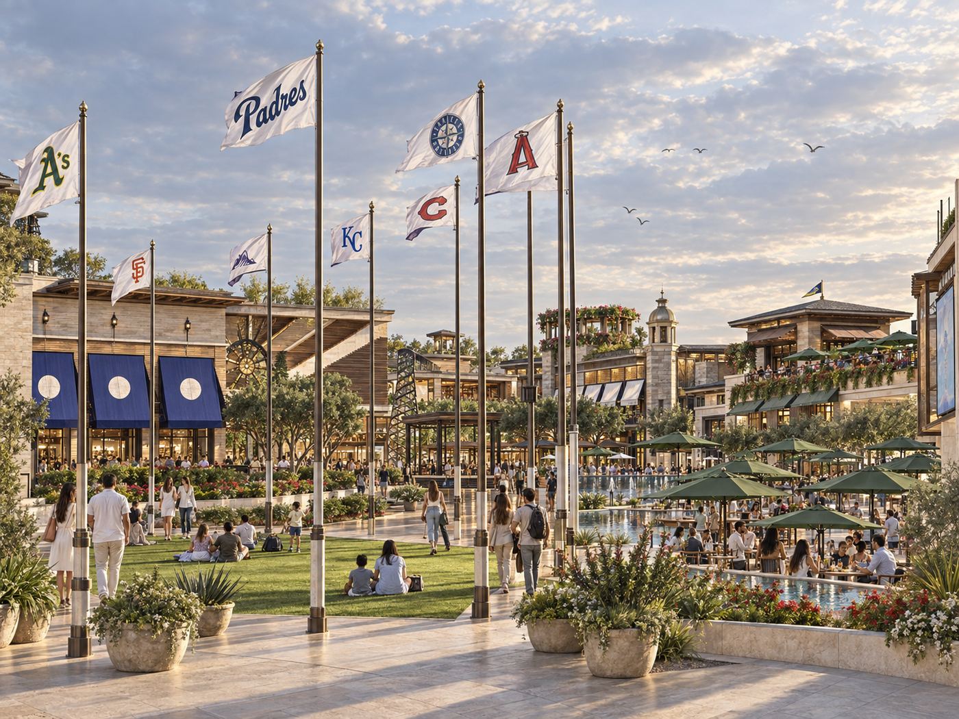 Ballpark plaza with flags, shaded seating and crowds