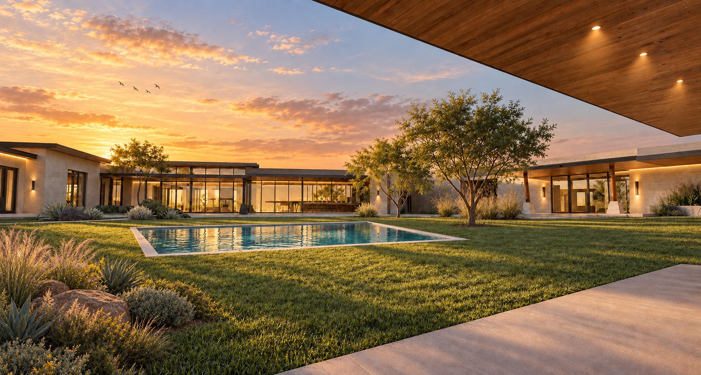 Low desert residence with pool and lawn at sunset