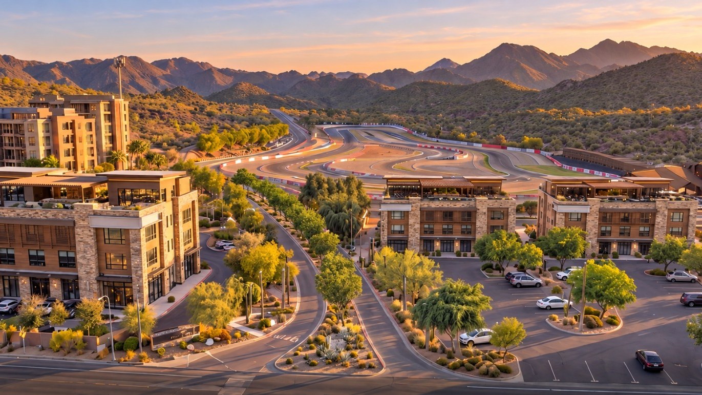 Puerta Norte: the mixed-use district at dusk, with the raceway curving behind it and the sierra beyond