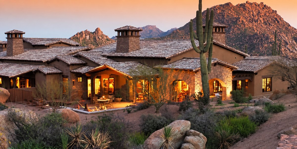 The Rocks at dusk: tile roofs lit from within with the granite peak behind
