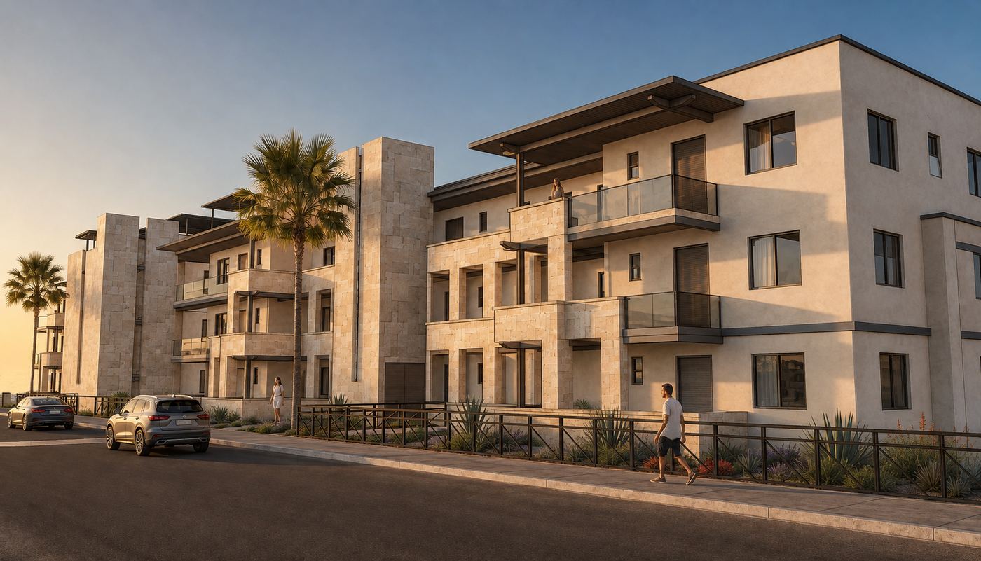 Multifamily building with balconies and palms