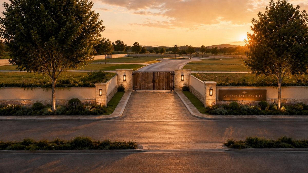Gated entrance to Verandah Ranch at sunset, with stone piers and timber gates