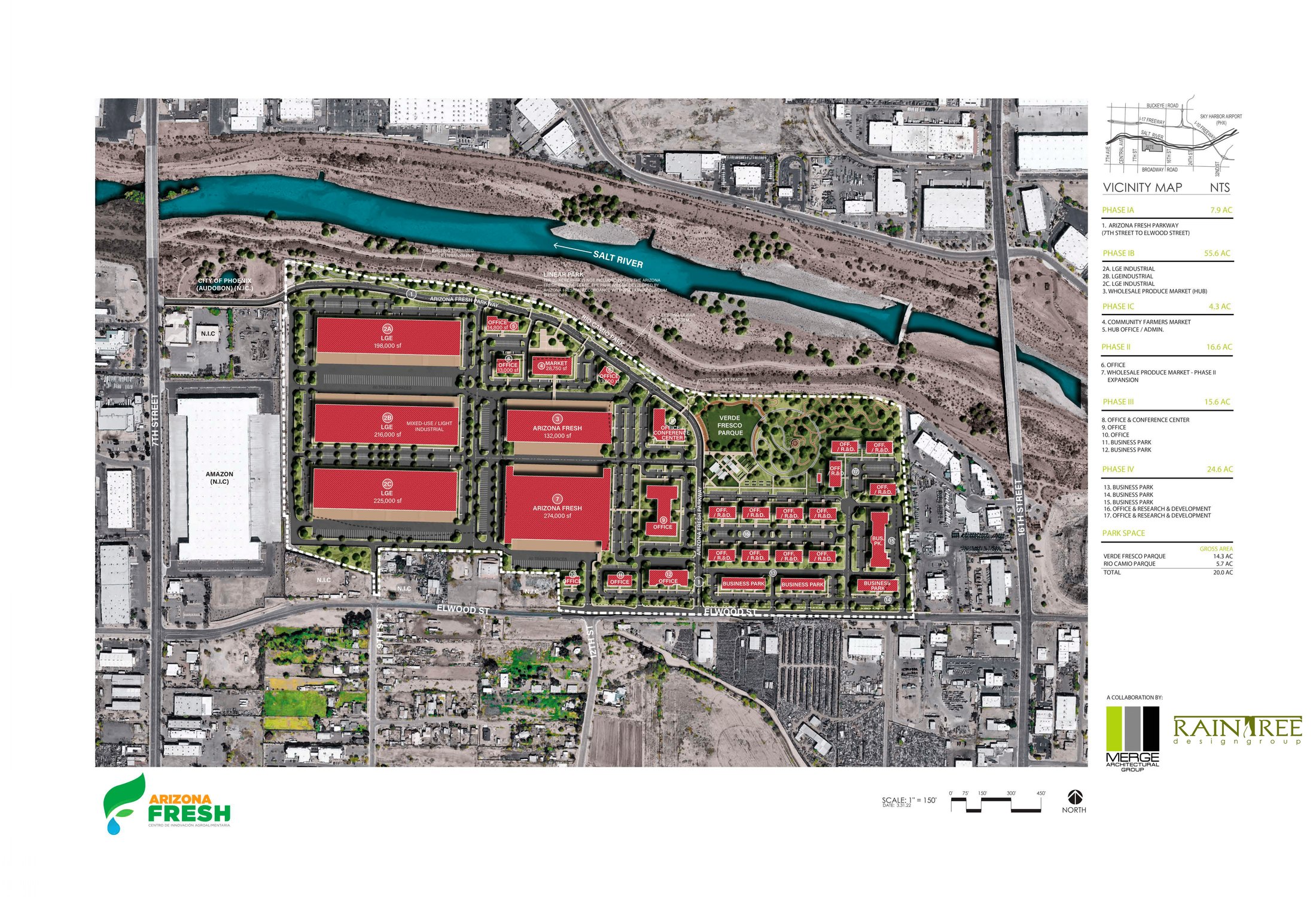 Arizona Fresh master plan showing four phases along the Salt River between 7th and 16th Streets