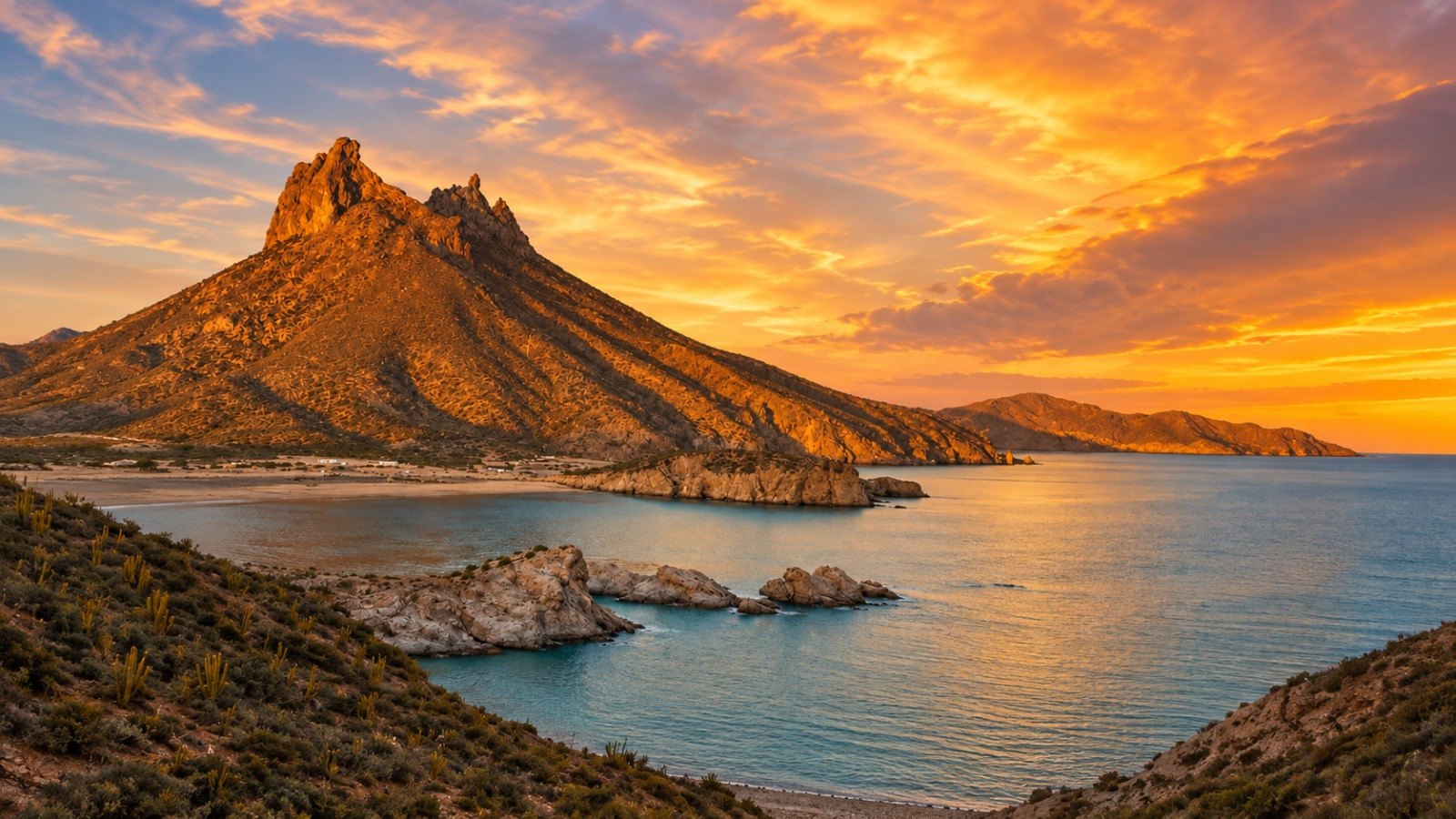The bay at San Carlos, Sonora, at sunset: the Tetakawi peak over the beach, rock outcrops in the cove and the Sea of Cortez beyond
