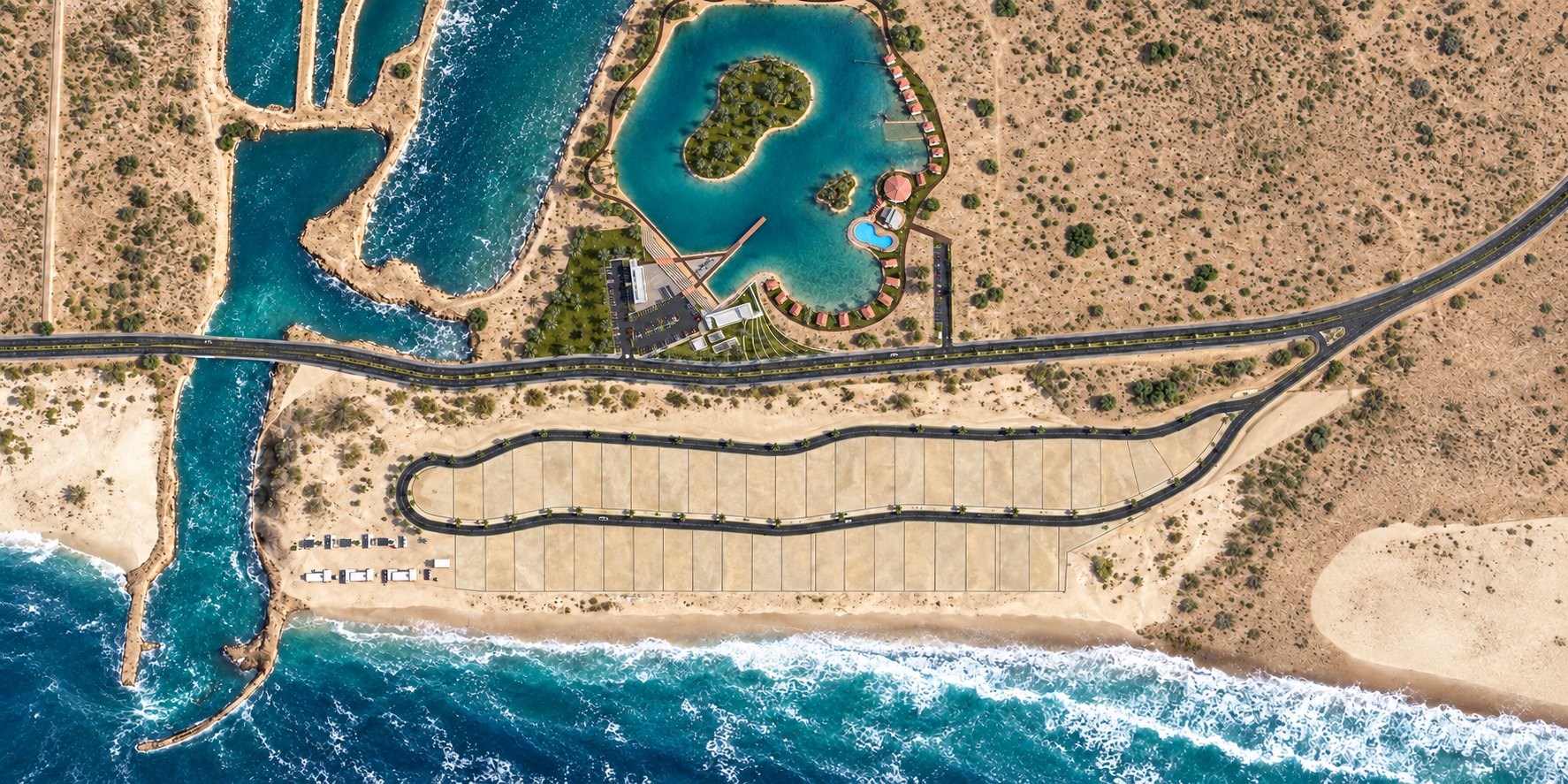 Overhead view: the lagoon, the beach frontage with its rows of cabanas, the boulevard and the surf
