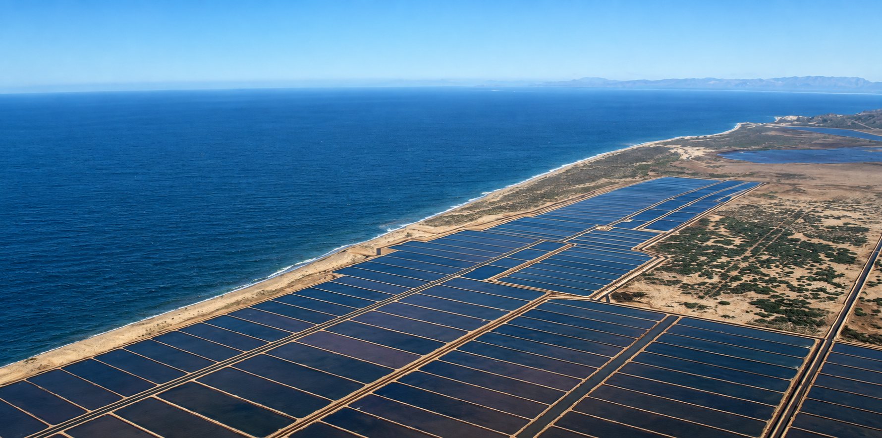 Aerial of the Sonoran coast: open sea, the beach and the salt evaporation ponds behind it
