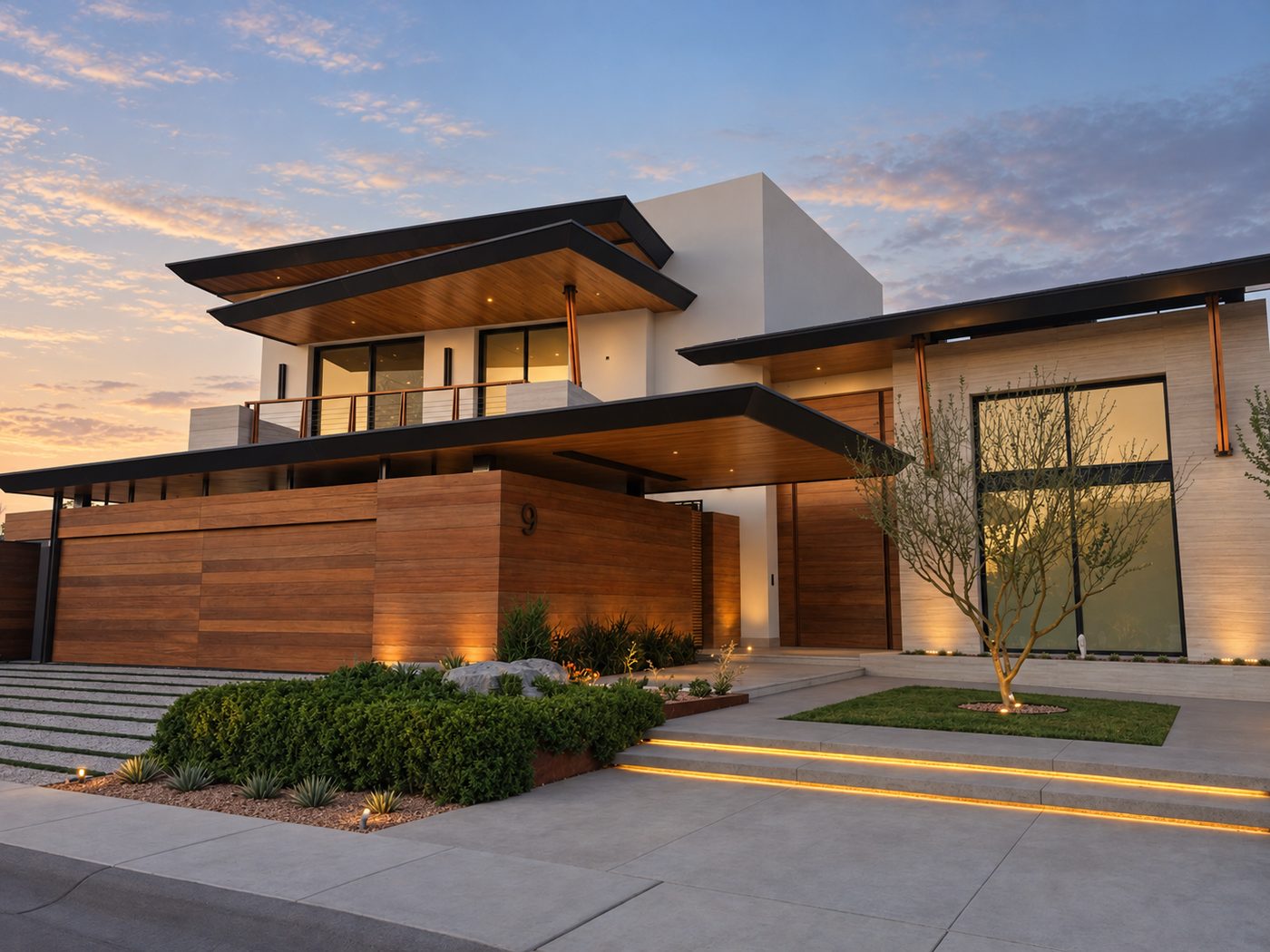 Entry at dusk: timber door under a deep canopy, with planting along the wall
