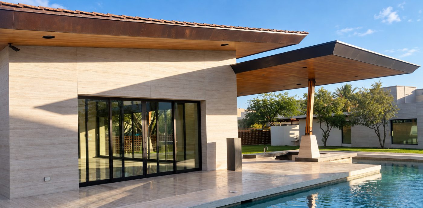 Covered terrace beside the pool, with a tilted roof plane carried on a slender column