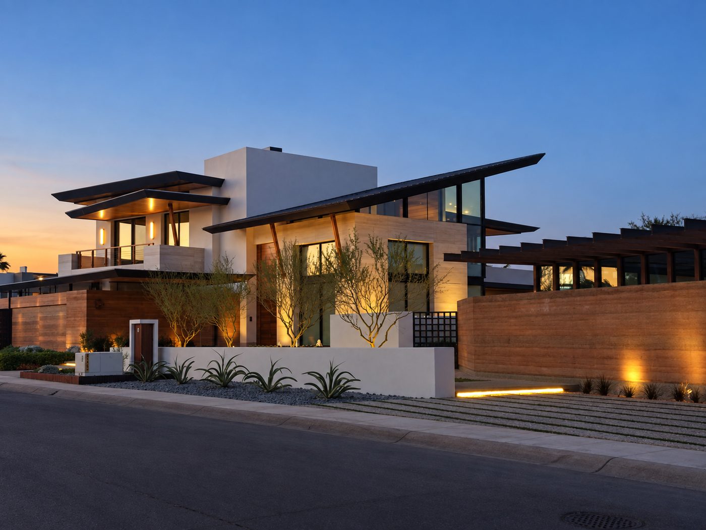 Street elevation at dusk, lit from within