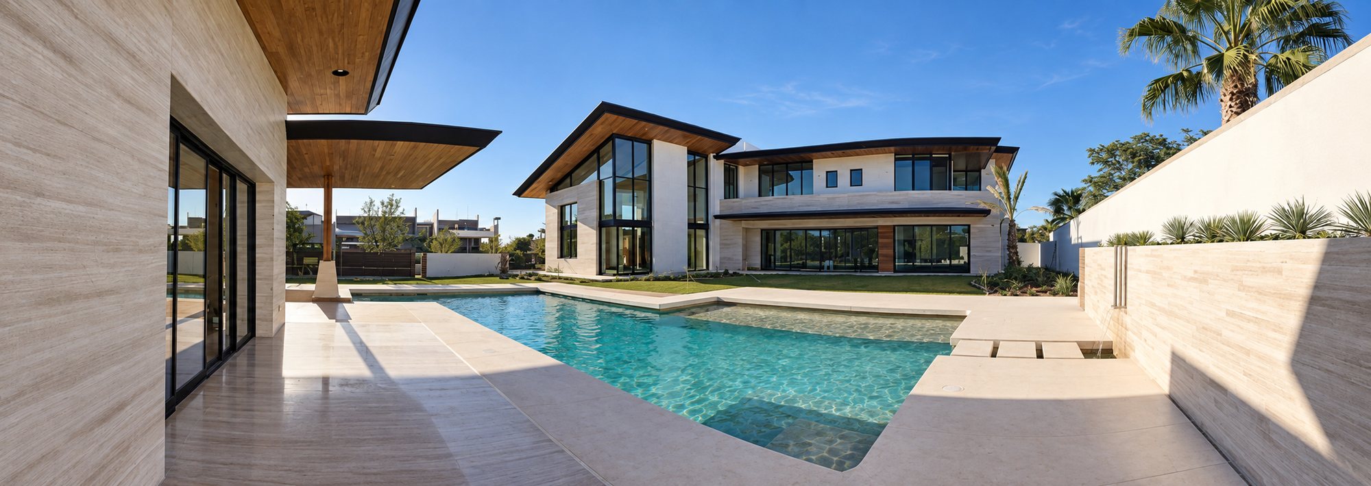 Brea Residence: the lap pool running the length of the house, under winged roofs