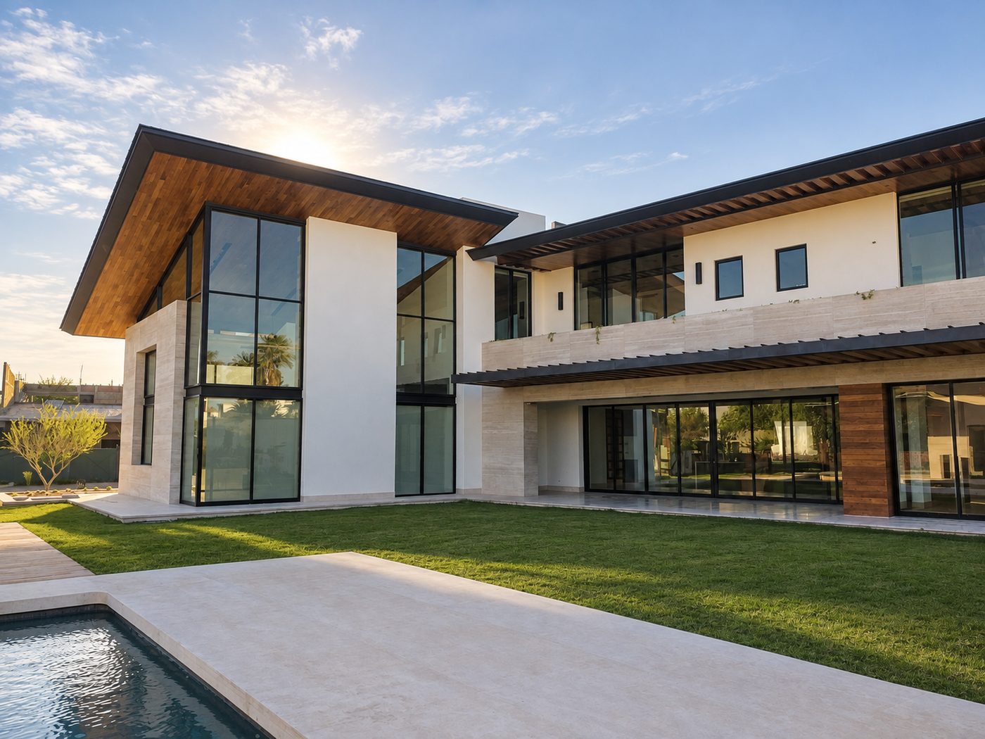 Garden face seen across the lawn, with the timber-clad wall and the pool edge
