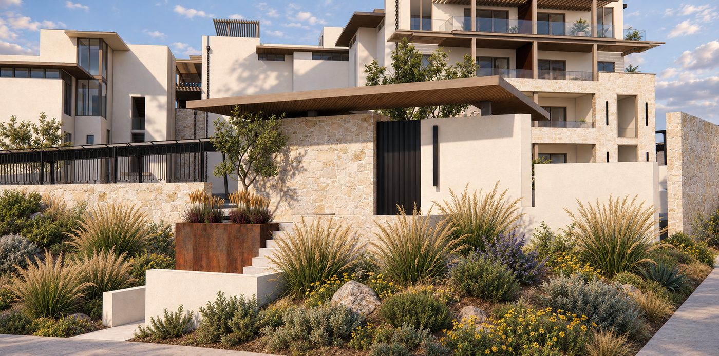 Pedestrian entry: a timber gate under a cantilevered canopy, reached by steps through desert planting