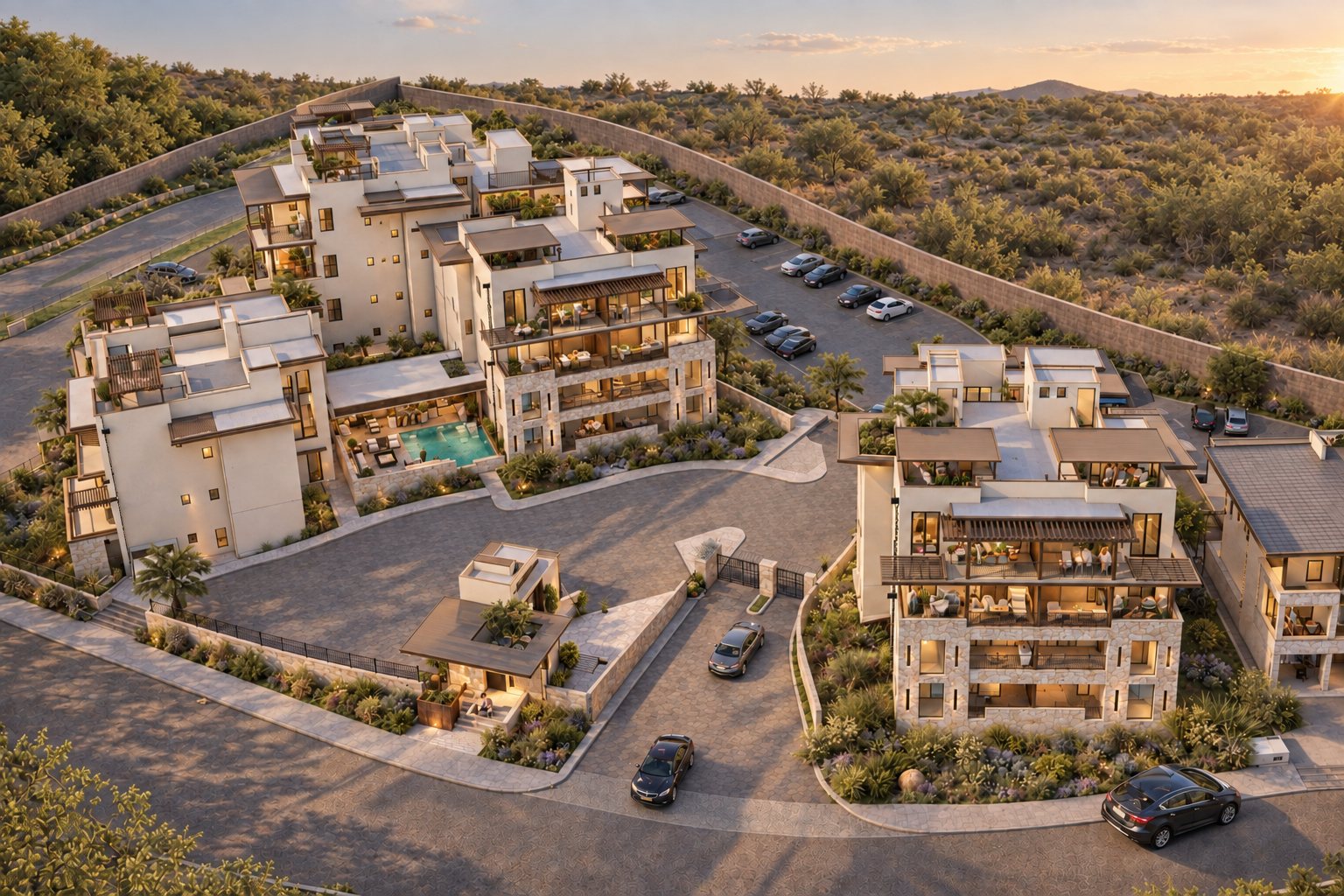 Oblique aerial at dusk: apartment buildings around the pool courtyard, the villas to one side, the amenity pavilion and the perimeter wall