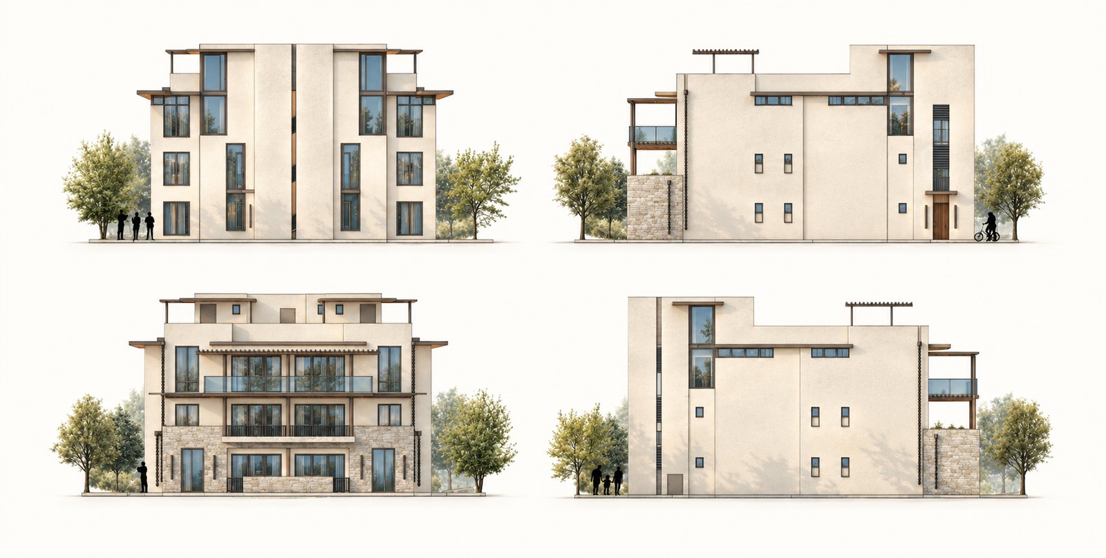 Front, rear, right and left elevations: stone base, apartments above, rooftop pergolas and rain chains