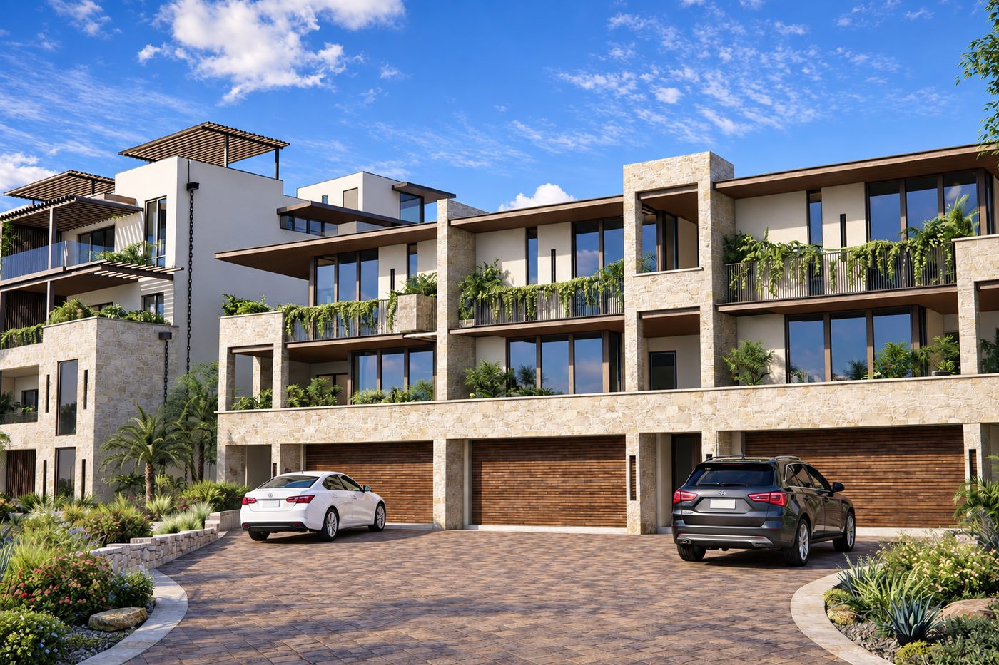 Motor court with timber garage doors set into the stone base and two levels of planted terraces above