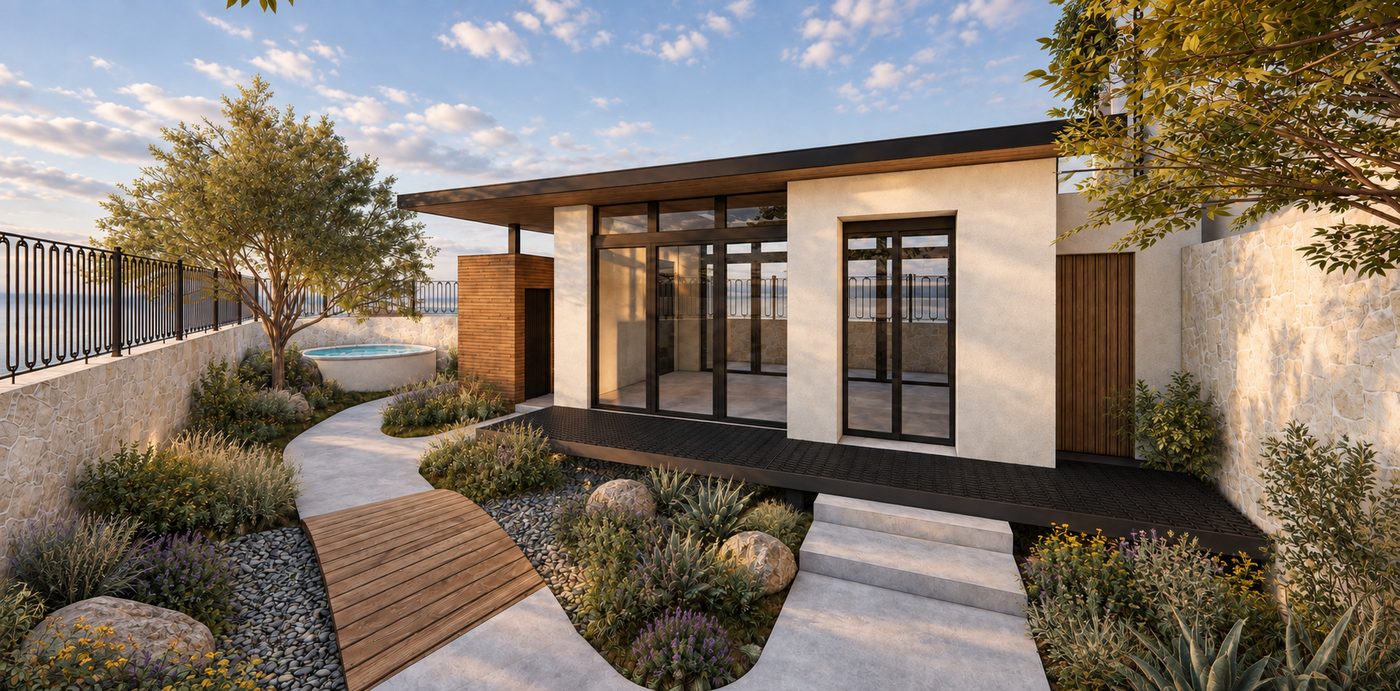 Glazed amenity pavilion with a deep canopy, a jacuzzi garden and a timber boardwalk through gravel and desert planting