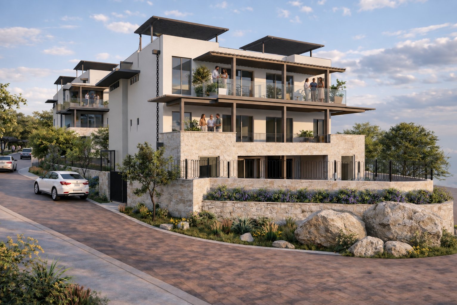 La Jolla Condo Complex: apartment building with a stone base, planted terraces and rooftop pergolas, seen from the street