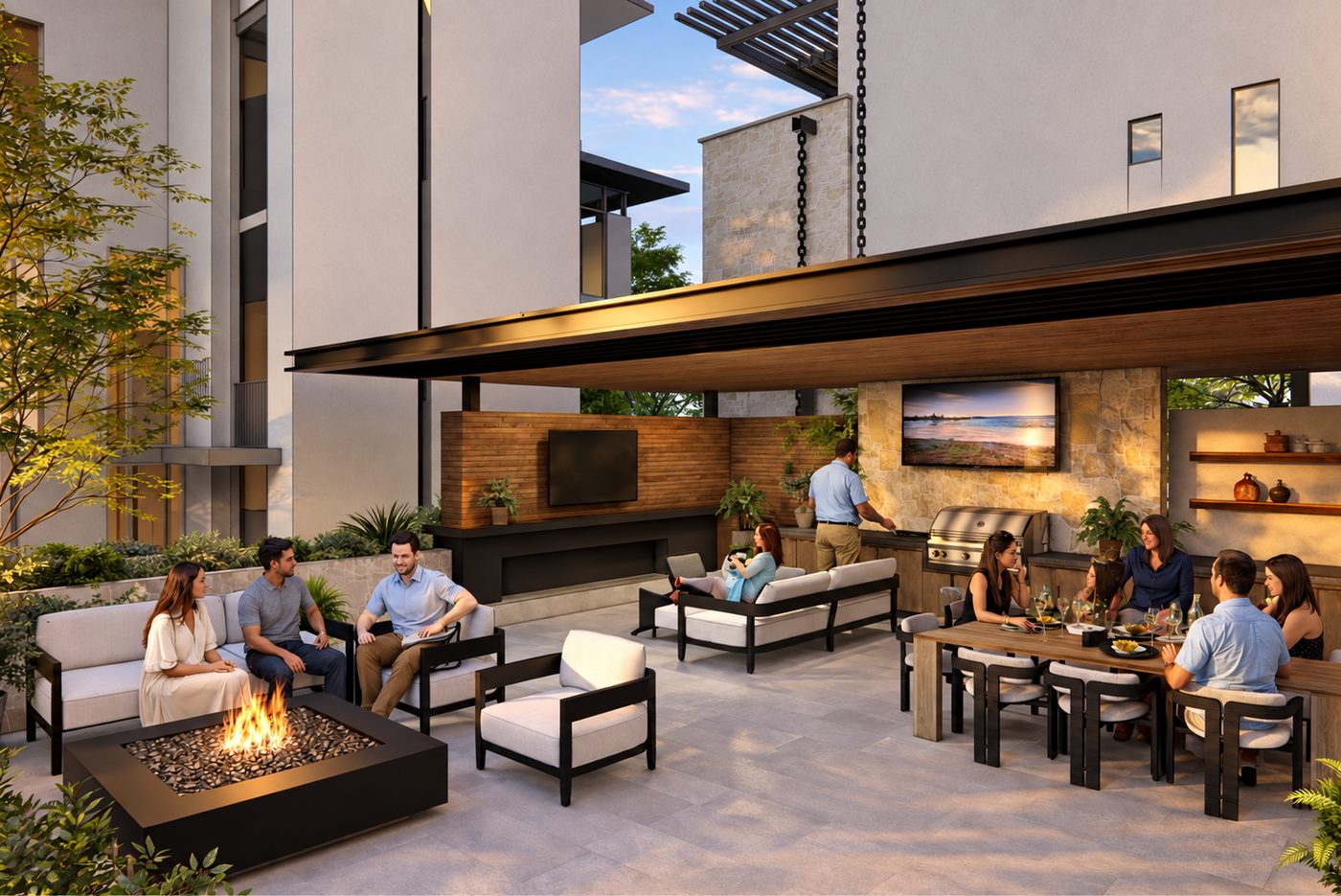 Covered outdoor lounge with a fire table, lounge seating, a grill kitchen and a long dining table