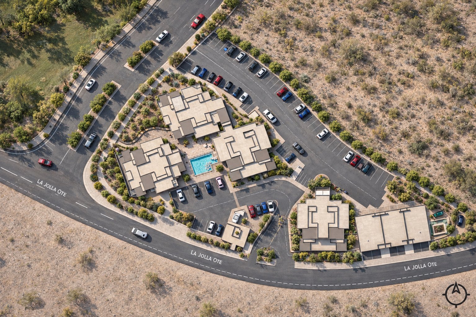 Overhead view of the complex with the three apartment buildings, the pool courtyard and the parking along La Jolla Ote