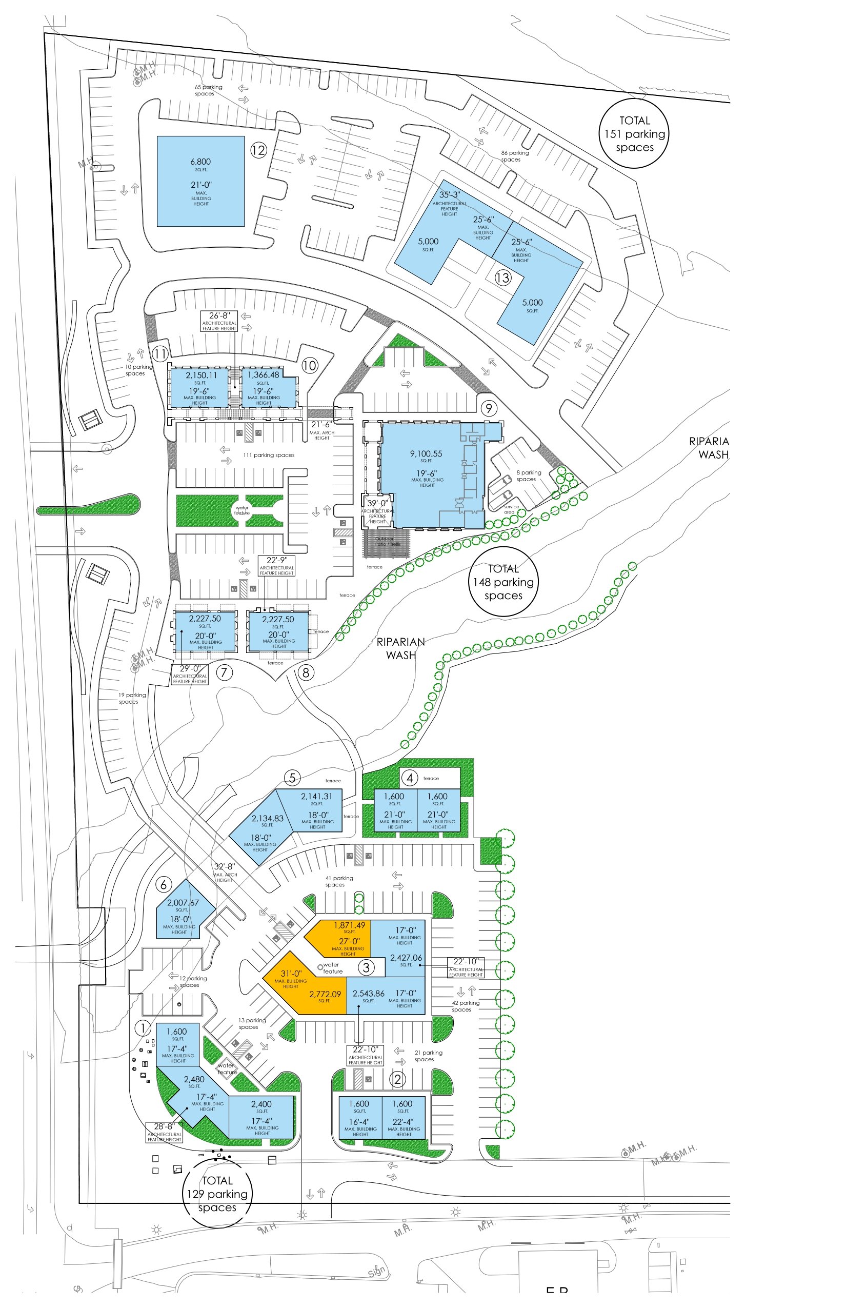 Phase one site plan with thirteen buildings, three parking courts and the riparian washes
