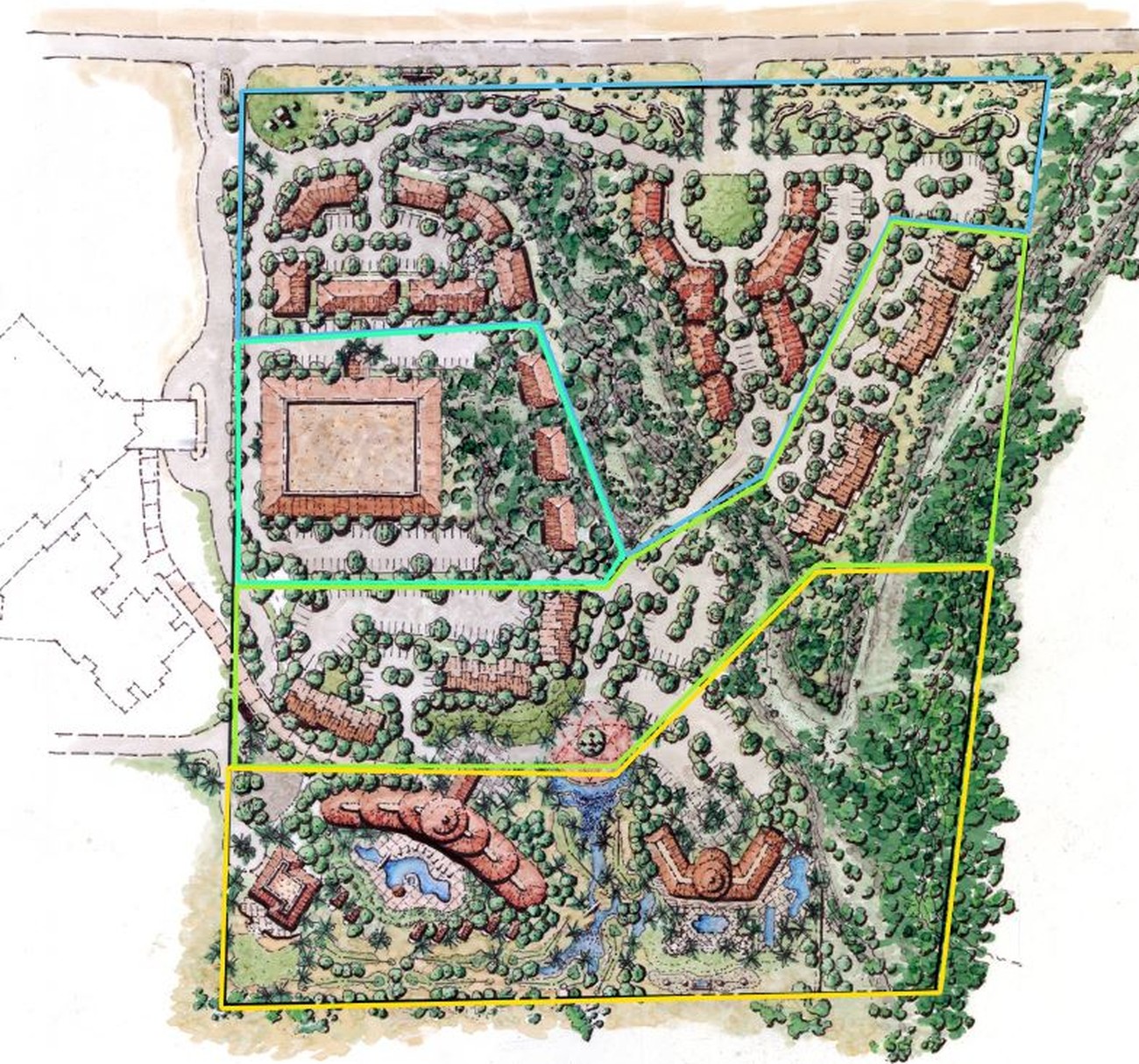 Proposed land uses for The Village at Kino Landing: retail and office along the north edge, the lifecare campus at the centre, residential to the east and the wellness and hospitality destination to the south
