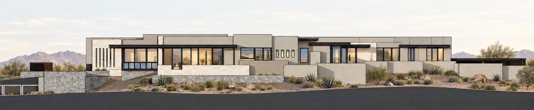 Long rendered elevation of the house above a stone base wall, with the mountains behind