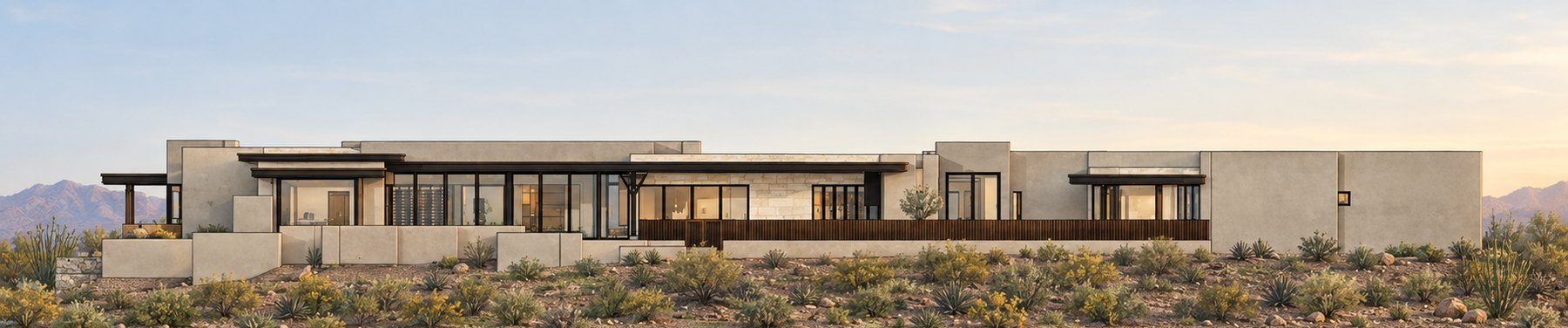 Second long elevation showing the deep roof overhangs and the screened courtyard wall