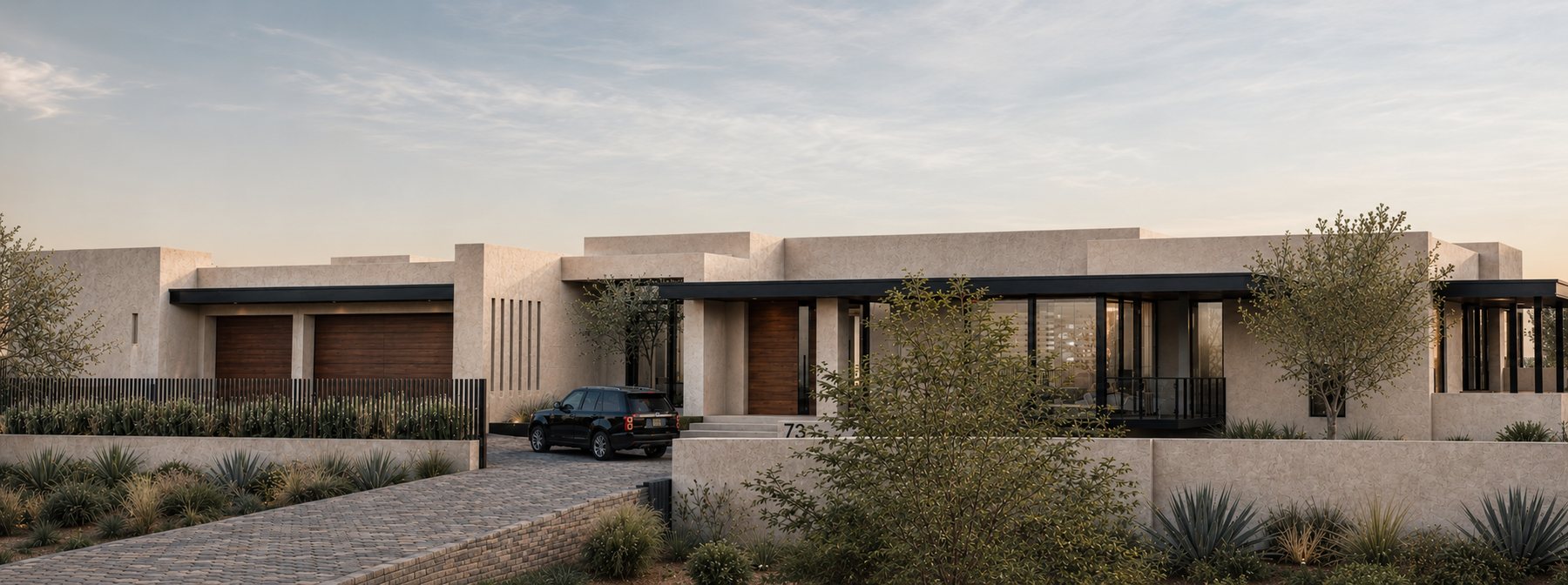 Street approach: paver motor court, timber garage doors, a pivot entry door and stone-plaster mass walls under a black steel fascia