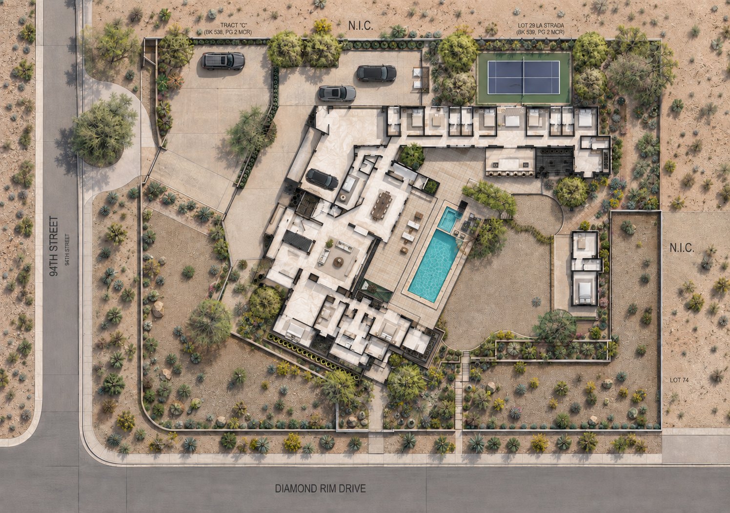 Coloured site plan showing the house on the diagonal, the pool and lawn courtyard, the guest wing, the sport court and the motor court