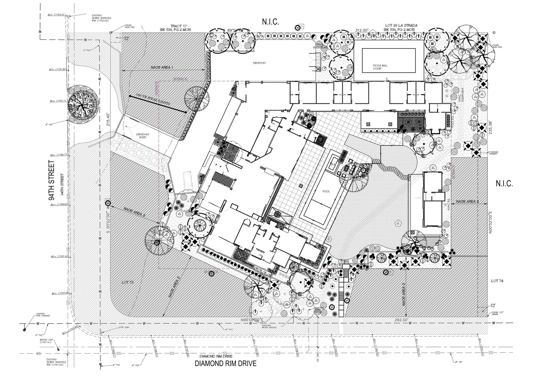 Landscape site plan L-1.0 with lot dimensions, the three NAOS areas, the 100-year floodway limit and the pickleball court
