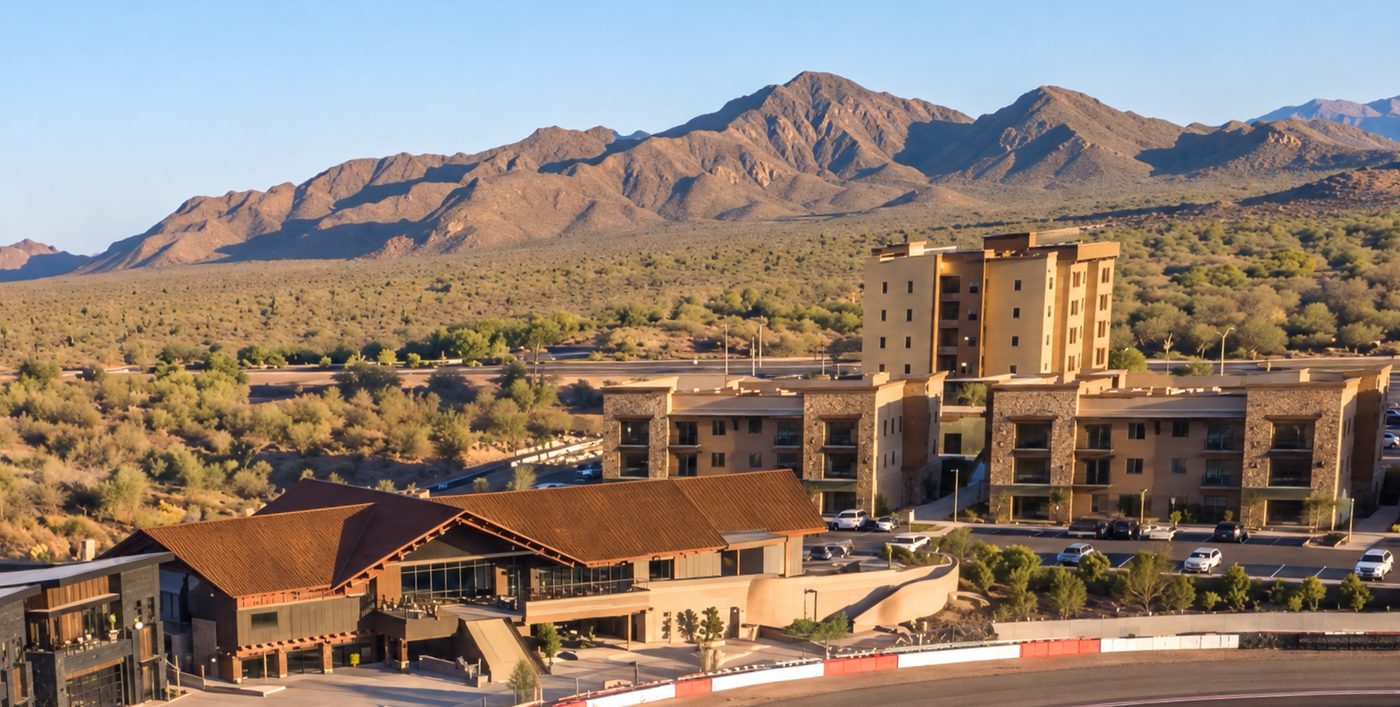 Apartment building against the mountain backdrop