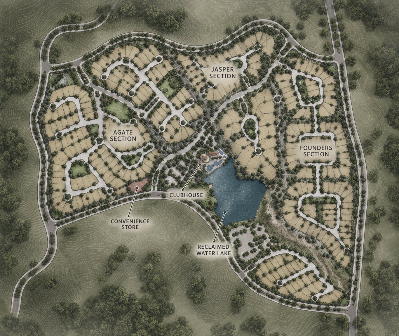 Phase one plan showing the Agate, Jasper and Founders sections around a reclaimed water lake