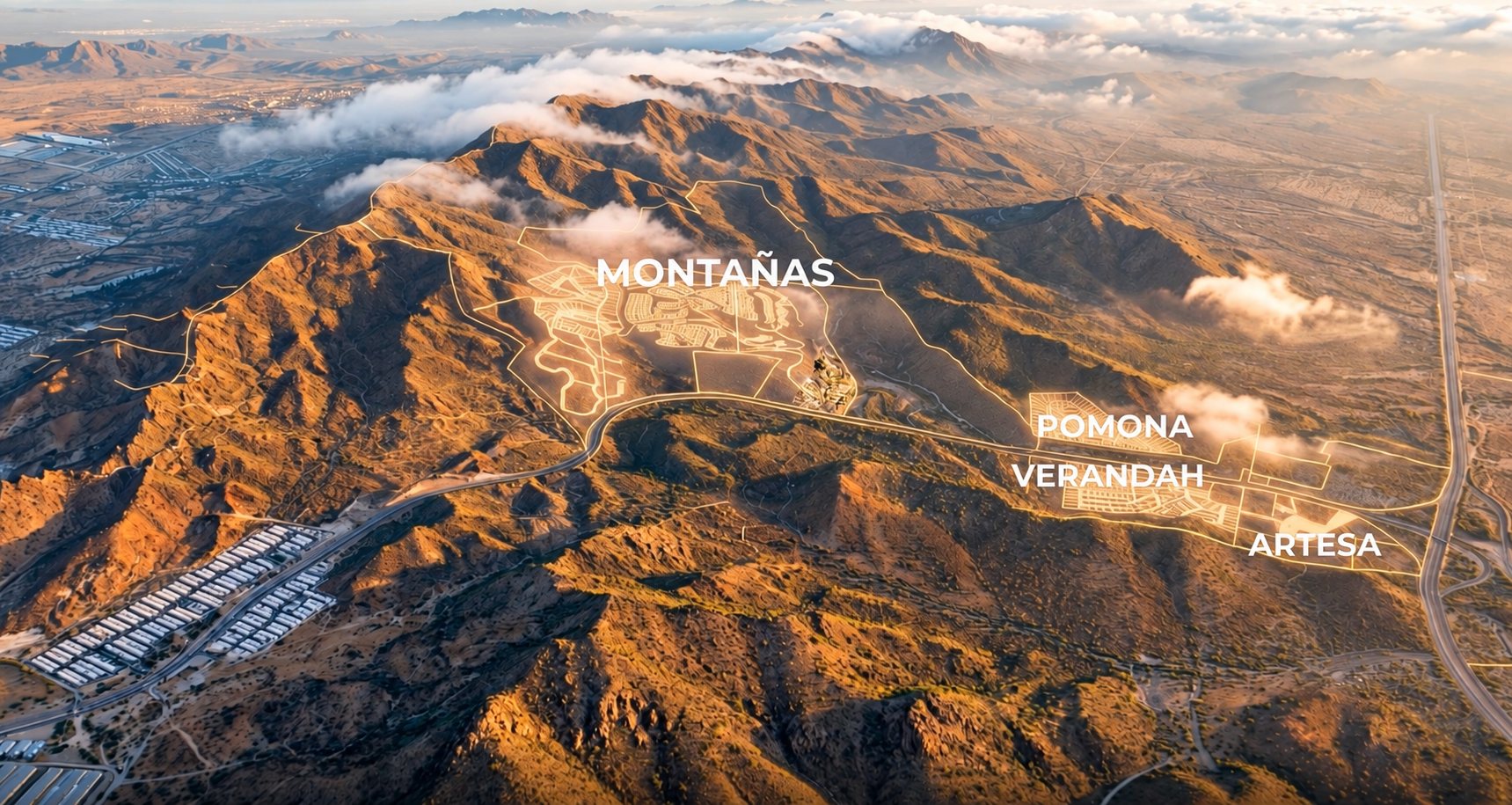 Aerial view of the sierra with the master plan sectors outlined: Montanas, Pomona, Verandah and Artesa