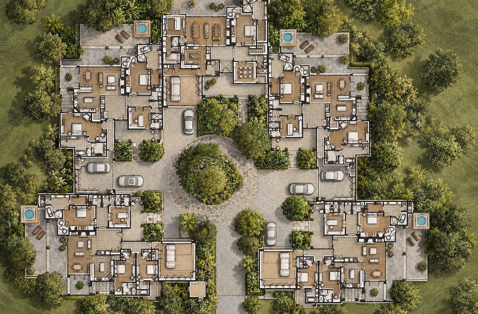 Rendered plan of the four villas around the motor court, each with its own plunge pool and covered terraces