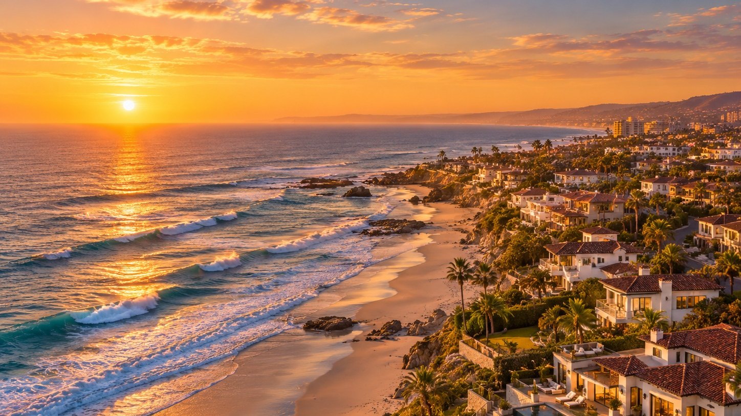 The San Diego coast at sunset: the sun on the water, surf along the sand and hillside houses stepping down to the beach