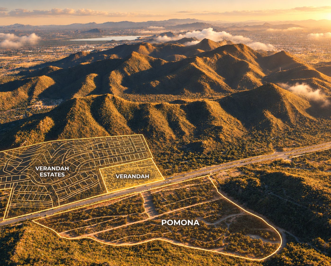 Golden-hour aerial with the Verandah Estates, Verandah and Pomona sectors drawn on the ground below the sierra