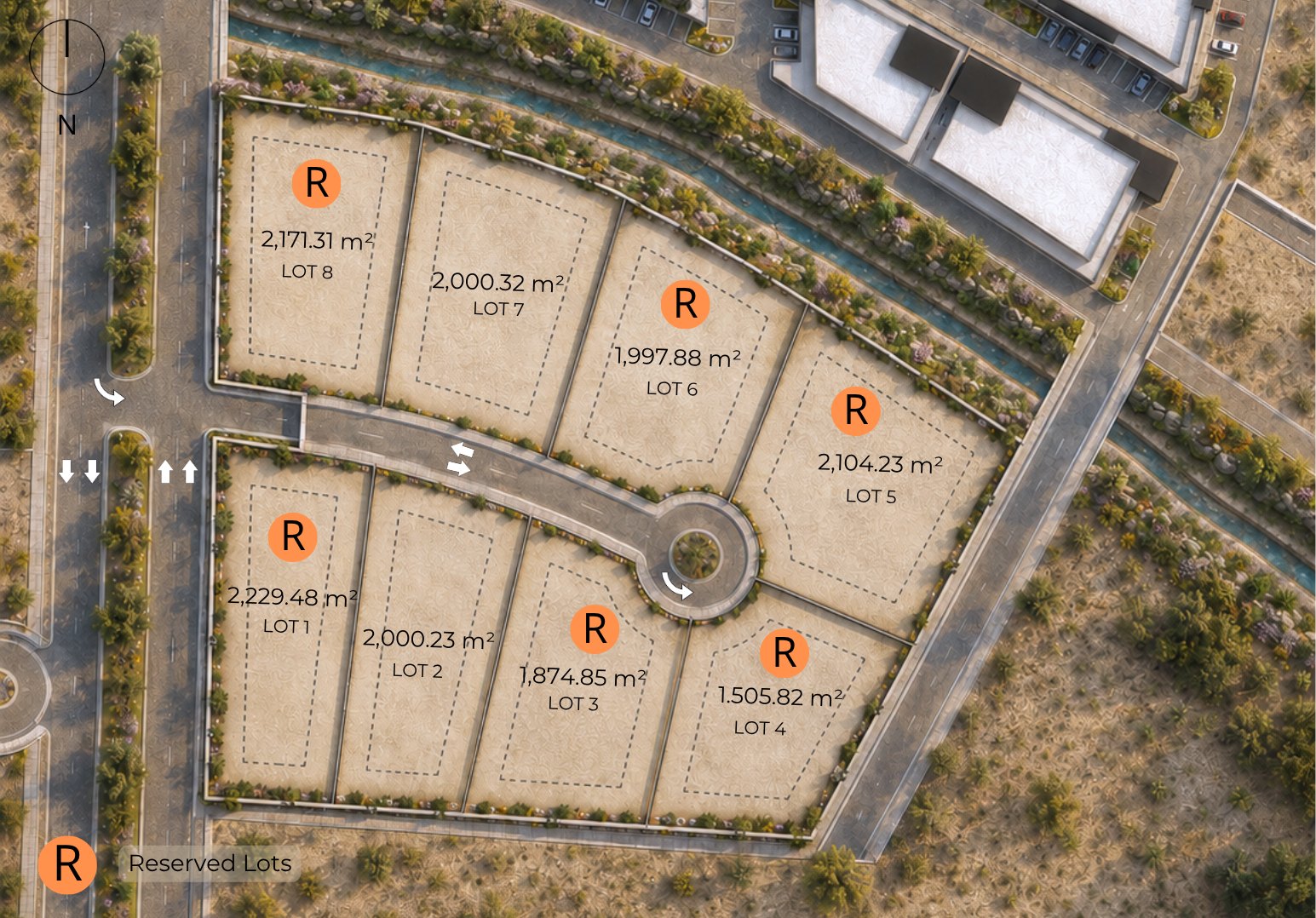 Site plan over an aerial photograph: the eight lots around a cul-de-sac, each labelled with its area in square metres